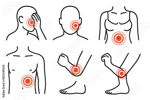 Red pain circles marking human body pain. Vector icon set showing headache, toothache, muscular, menstrual, and joint pain. Hurt body part marker with painful target spot.