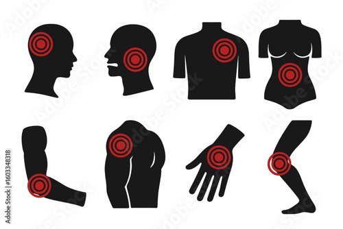 Red pain circles marking human pain. Set of body silhouettes with painful target spots. Vector icons for headache, joint, back, and muscle ache medical illustration.