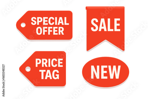 Red price tags vector collection. Special offer, sale, and new arrival sticker set. Modern promotional shopping discount label. Commercial badge and product tag illustration.