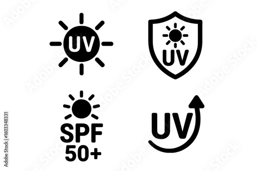 UV protection icon set with ultraviolet radiation symbols, sun UV protection vector pictograms, sunscreen SPF signs, skincare and cosmetics illustration collection