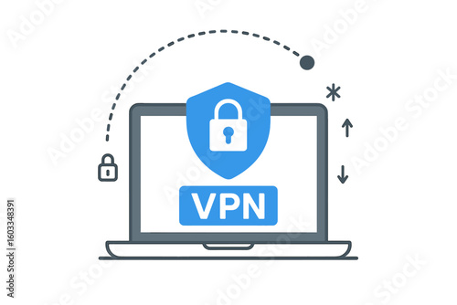 Secure VPN Connection on Laptop for Cybersecurity, Data Protection, Encrypted Web Traffic, Private Internet Access, Virtual Private Network Security Concept, Online Privacy Technology