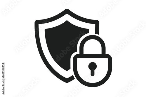 Shield and lock icon. Symbol of security, protection, and safety. Vector for web, app, antivirus, and cybersecurity. Privacy and data defense concept. Glyph pictogram.