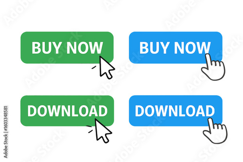 Set of buy now and download buttons for a website. Call to action UI element with a computer mouse cursor and hand pointer symbol. Vector illustration for online shopping.
