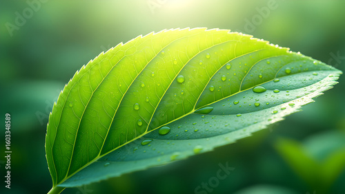 Fresh green leaf with water droplets glistening in sunlight, macro close-up