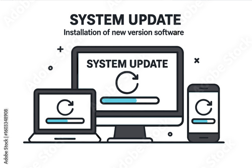 System update installation software. New version update progress for desktop computer, laptop, smartphone. Operating system maintenance, upgrade process, support, synchronization, modern technology.