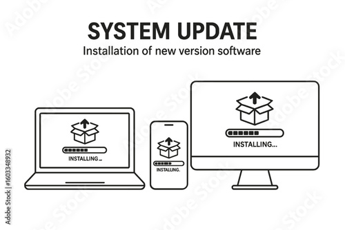 System update installation process for new software version on computer, laptop, and smartphone with operating system upgrade, technology upgrade, software support, digital upgrade concept