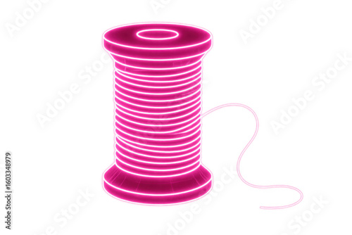 Pink neon thread spool glowing against transparent backdrop, highlighting craft, fashion, and tailoring design elements