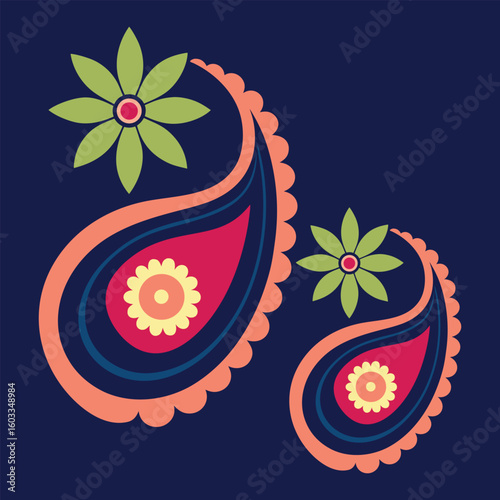 Paisley Floral Arrangement on Dark Blue Background