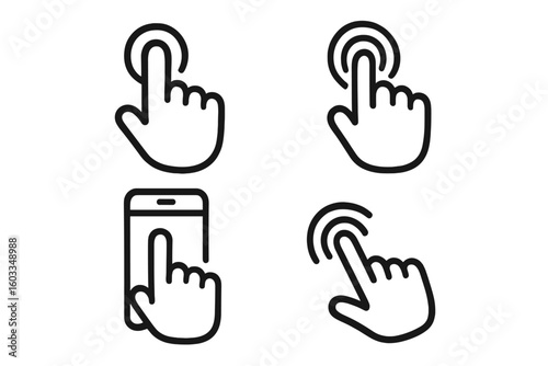 Touchscreen finger press and hand push vector icons set, 4 hand gestures interacting with smartphone screen, touchscreen click and tap, mobile phone user interface elements