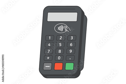 Contactless Payment Terminal Vector Illustration. Wireless Card Reader Icon. Electronic POS Device Keypad. PIN Pad for NFC Transaction, Payment Approval or Cancellation. Digital Finance Concept.