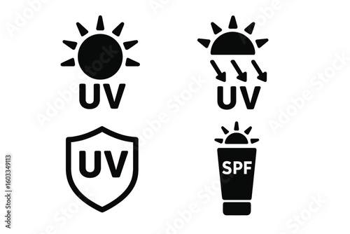 Comprehensive UV Protection Icon Set — Ultraviolet Radiation Vector Symbols, Sun UV Safety, SPF Sunscreen Shield, Skincare and Cosmetic Label Collection for Product Packaging and Infographics