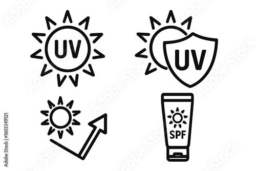 UV protection icon set with ultraviolet radiation symbols, sun UV protection pictograms, sunscreen SPF vector illustrations, skincare and cosmetics sign collection, sun safety graphics