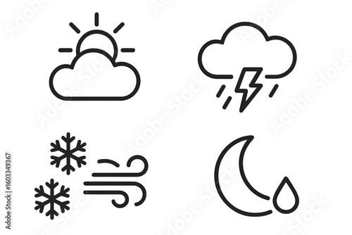Weather Forecast Line Style Icons Set—Cloud, Sun, Thunderstorm, Wind, Snowflake, Dew Drop, Night and Day Elements for Mobile App or Web Design, Minimal Vector Symbol Collection