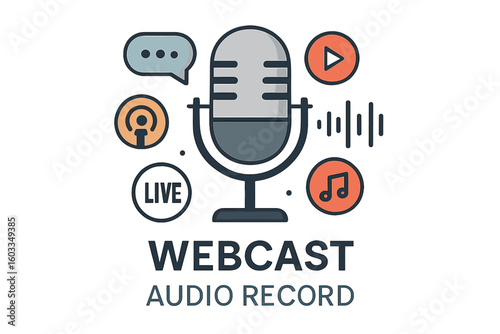 Webcast and Audio Recording Concept with Flat Vector Icons and Logo Design, Transparent Background, Digital Broadcast, Streaming, Podcasting, Media Production Illustration
