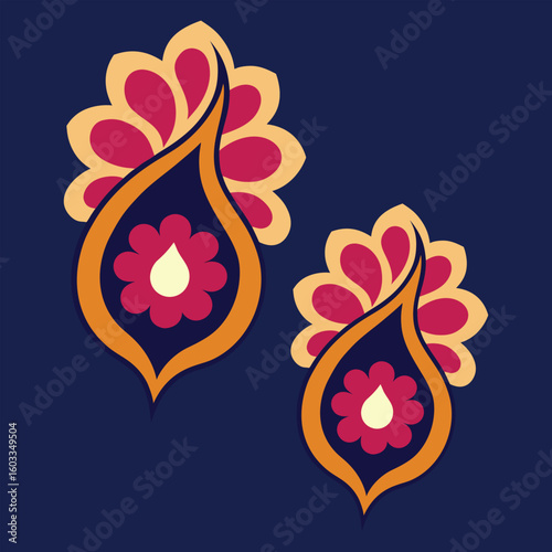 Stylized Paisley Ornament Pair on Navy Blue