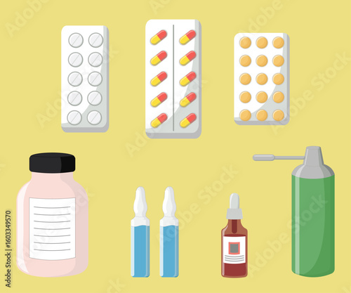 Set, tablets, capsules, bottles, medicines vector, flat design, drops, pipette, medications