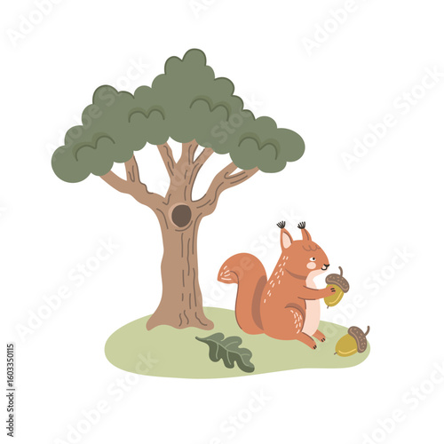 Vector illustration of a cartoon squirrel sitting under a large oak tree with an acorn. Suitable for children's illustrations, nature-themed design. Flat style