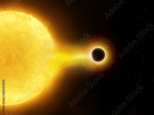 Black hole absorbs matter from the atmosphere of a large star. Singularity destroys sun in space.