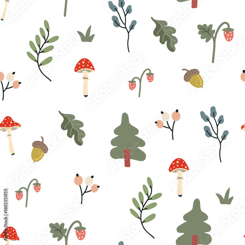 Cute seamless pattern with forest elements including mushrooms, berries, leaves, acorns and trees. Perfect for textile design, wallpaper, wrapping paper