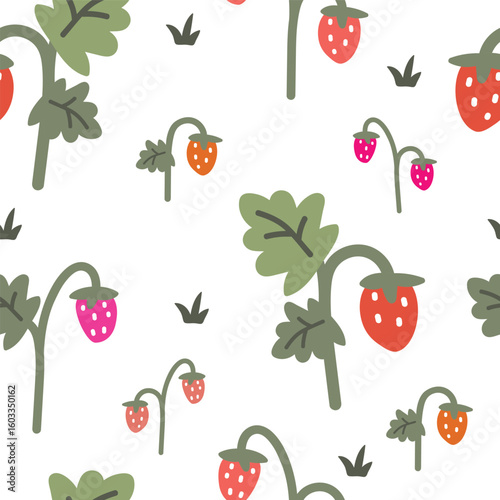 Seamless vector pattern with cute cartoon strawberries, leaves and grass on a white background. Ideal for fabrics, wallpapers and children's designs.