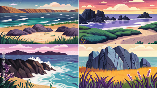 Coastal grassland landscape set with volcanic rocks and sea breeze, beautiful beach