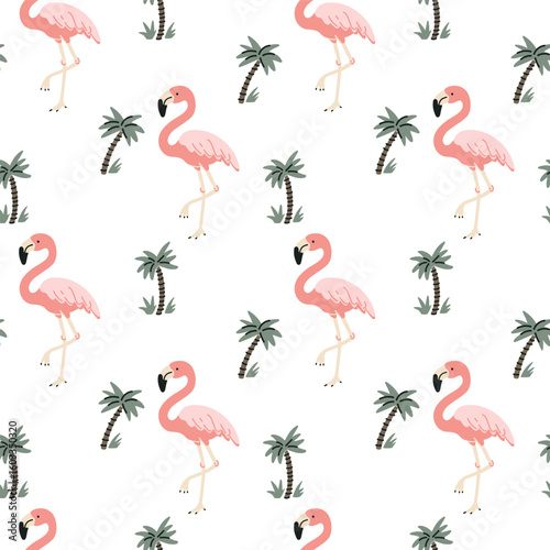 Tropical seamless pattern with pink flamingos and palm trees on white background. Perfect for fabrics, wallpapers and summer designs. vector flat style