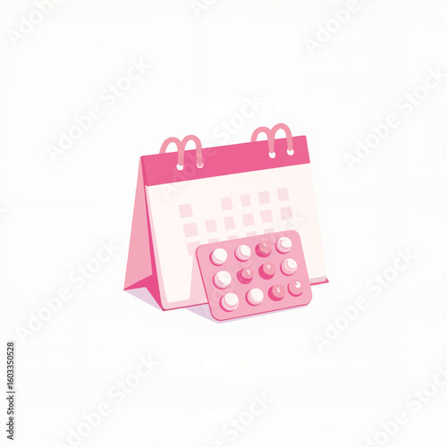 Pink calendar with birth control pills on white background  