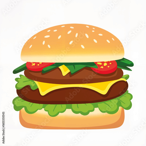 Cartoon burger with lettuce, cheese, tomato, and bun  