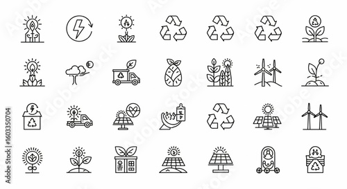 Sustainability & Eco-Friendly Line Icon Set – Renewable Energy, Recycling, Solar Panel, Wind Turbine, Organic Farming Vector

