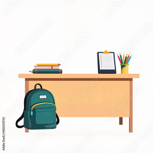 Study desk with books, stationery, and green backpack in classroom  