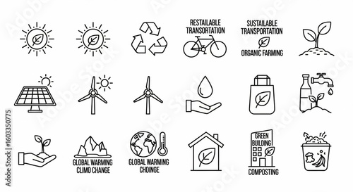 Sustainability & Eco-Friendly Line Icon Set – Renewable Energy, Recycling, Solar Panel, Wind Turbine, Organic Farming Vector

