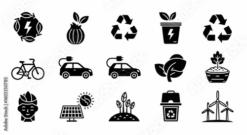 Sustainability & Eco-Friendly Line Icon Set – Renewable Energy, Recycling, Solar Panel, Wind Turbine, Organic Farming Vector

