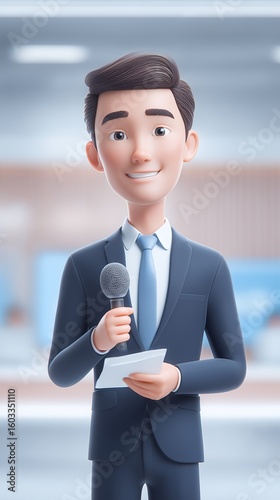 3D illustration of a smiling TV news reporter holding a microphone