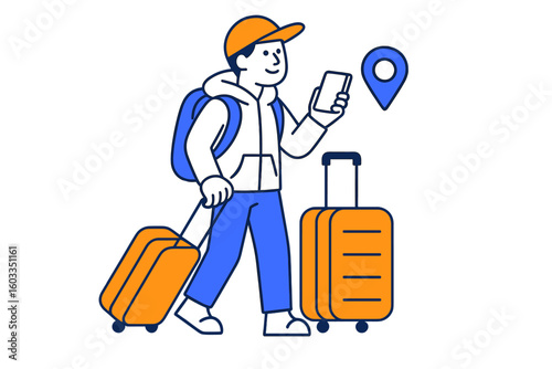 Traveling individual navigating with smartphone in hand while pulling luggage at a destination