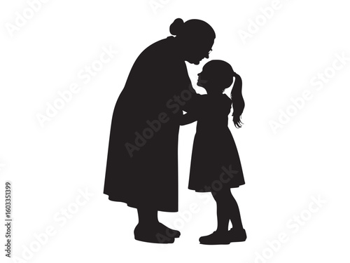 Black silhouette of grandmother and girl embracing, isolated on white background, graphic illustration. concept of family, love, generations, bond, design element, icon, logo.