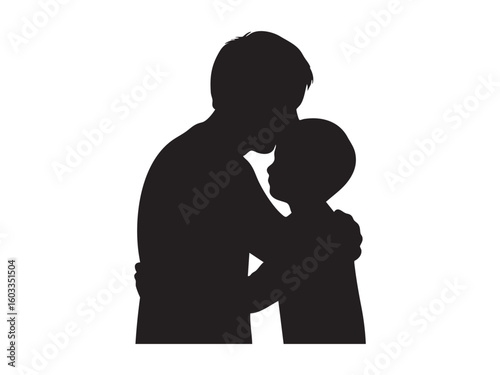 Black silhouette of man hugging child, isolated on white background, graphic illustration. concept of bonding, family, love, relationship, icon, logo, design element