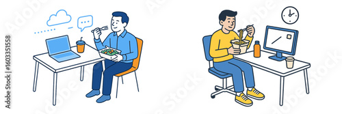 People enjoying meals while working at desks in casual office settings, highlighting remote work and dining practices