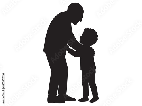 Black silhouette of grandfather and child embracing, isolated on white background, graphic illustration. concept of family, bonding, support, love, parenting, design element.