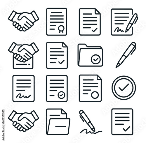 Set of business and document icons including handshake, contract, pen, folder, and checkmark