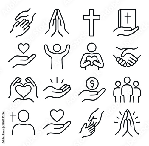 Simple line icons of praying hands, hearts, and cross in religious themes