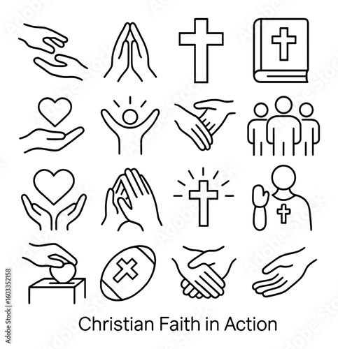 Christian faith symbols: hands, cross, bible, prayer, community