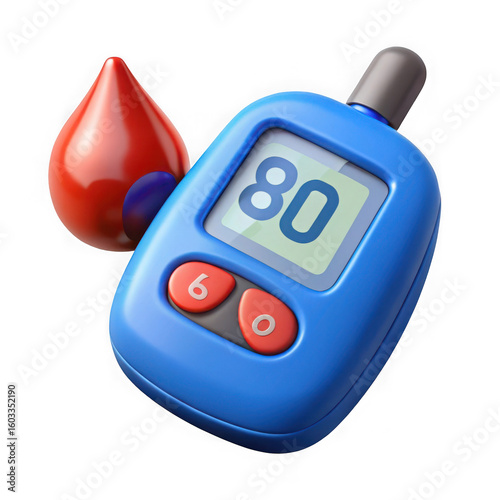 3d blood glucose meter with blood drop isolated on transparent background