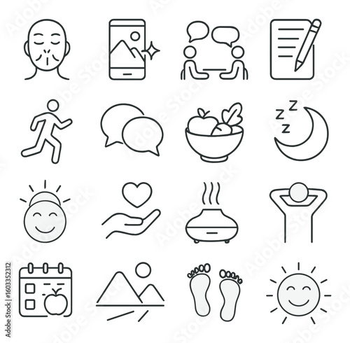 Relaxation and wellness icons: meditation, sleep, nutrition, fitness, communication