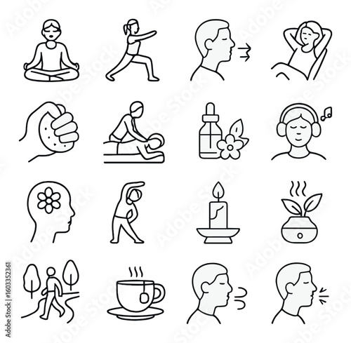 Wellness and relaxation icons: yoga, meditation, aromatherapy, massage, breathing techniques