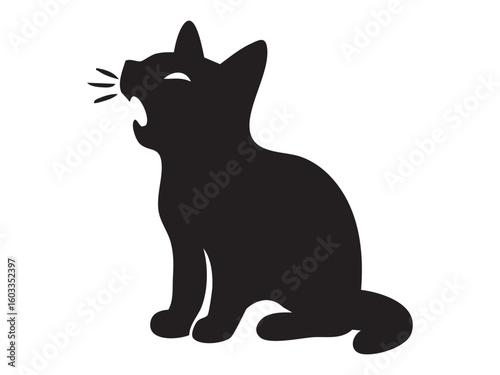 Black silhouette of a yawning cat, isolated on white background, graphic illustration. concept of pet, cute kitten, domestic animal, icon, logo, artistic design element