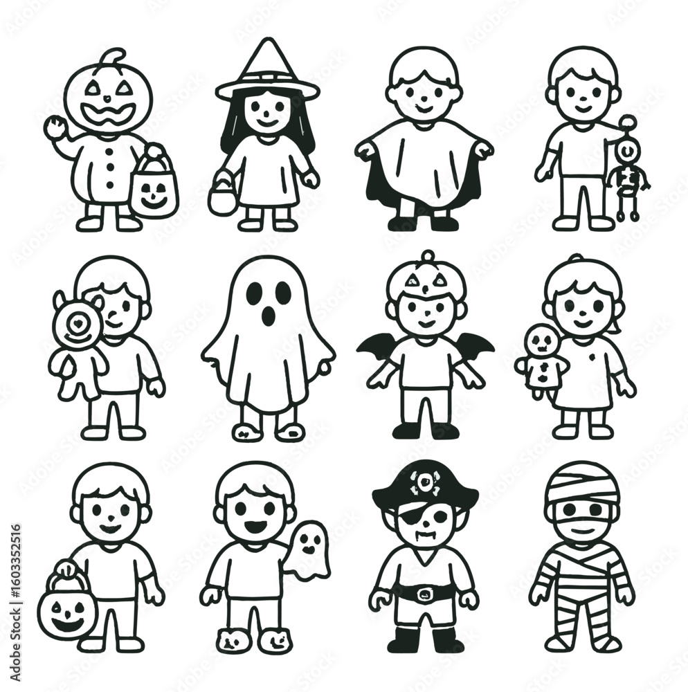 Cute children in halloween costumes: ghosts, witches, and candy gatherings Cute children in halloween costumes: ghosts, witches, and candy gatherings