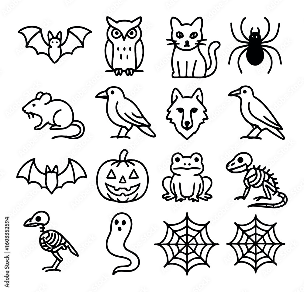 Fototapeta premium Halloween icons: bat, owl, cat, spider, rat, crow, wolf, pumpkin, frog, skeleton, ghost, web