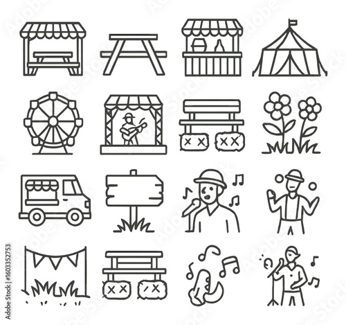 Festival icons set: music, food, entertainment, and leisure activities