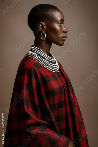 Profile portrait of elegant woman in plaid garment with beaded Maasai necklace studio lighting
