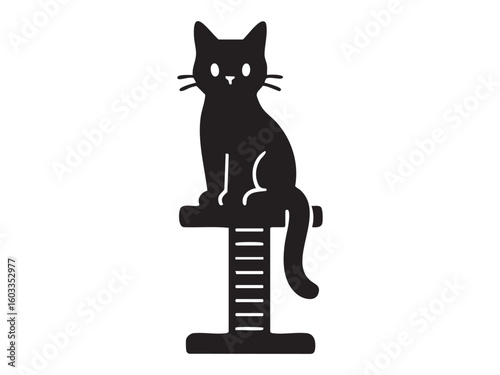 Black silhouette of sitting cat on scratching post, isolated on white background, graphic illustration. concept of pet, cute kitten, feline furniture, icon, logo, design element